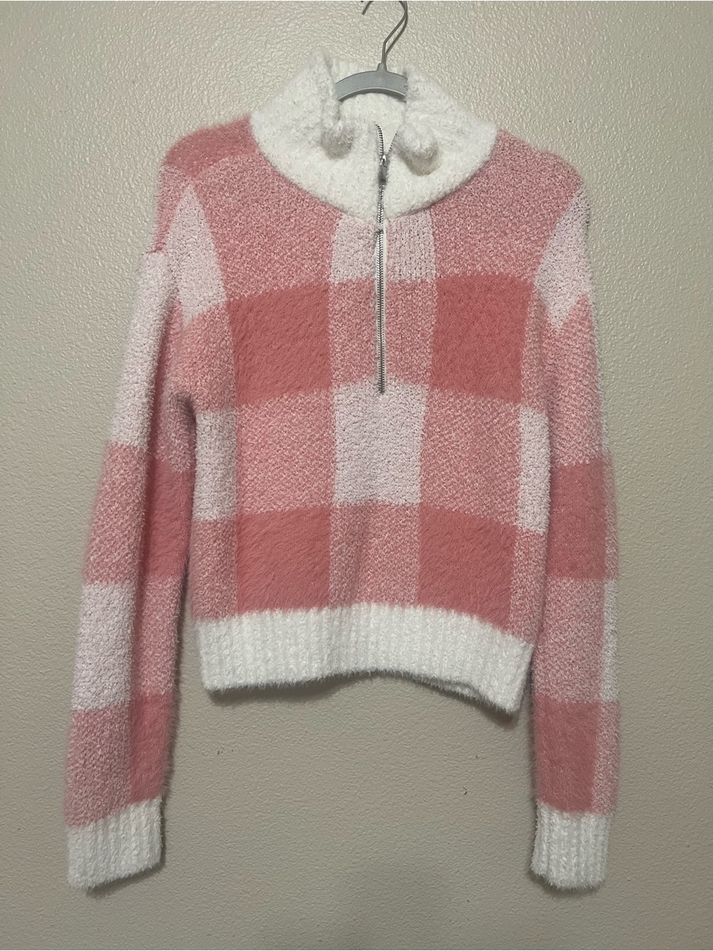 No Boundaries Pink and White Buffalo Check Half-Zip Sweater